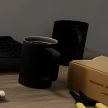 SceneRig reconstruction closeup: the rear black mug remains upright, matching the input.