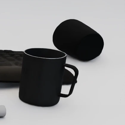 SimFoundry reconstruction closeup: the rear black mug lies on its side.